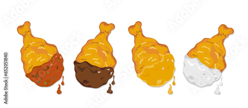 Cartoon set of crispy fried chicken coated in 4 different sauces, Korean sauce, BBQ sauce, cheese sauce, onion sauce, and crunchy fast food. delicious food menu inverter illustration.