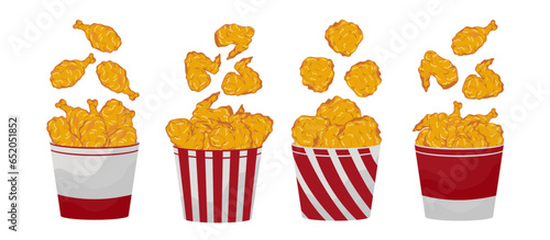 Cartoon set of crispy fried chicken splashing out of the bucket in 4 different ways. Side view. Crunchy fast food, wings, thighs, thighs, delicious fried chicken dishes. Frame vector illustration.