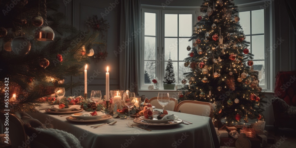 a festive candlelit table by the Christmas tree 