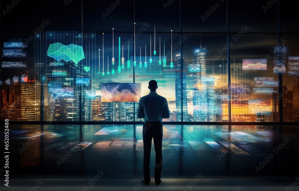 A person stands in front of a giant screen with data and graphs. Data and analytics concept, data visualization, analytics tools, data centers