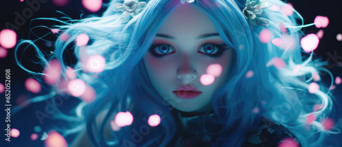 Pretty young teen cosplay as an enchanted fantasy fairy princess with bright blue hair and radiant eyes  surrounded by magical floating light sparkles  pale skin with pink blush cheeks makeup.