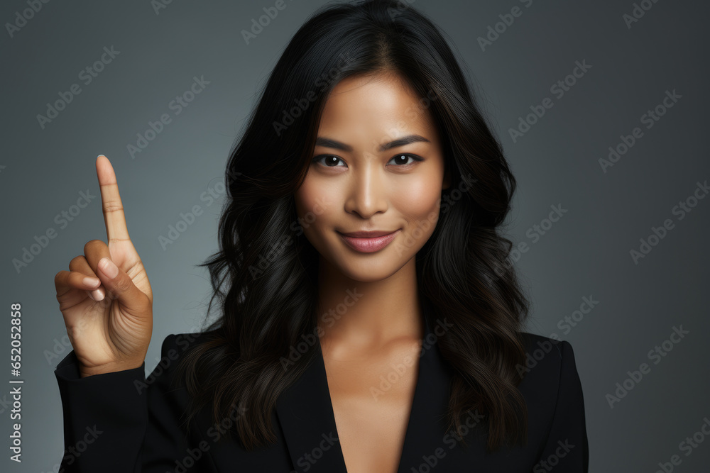 Woman wearing black jacket confidently holds up peace sign. This image can be used to symbolize peace, unity, or activism. Woman wearing black jacket confidently holds up peace sign. This image can be used to symbolize peace, unity, or activism.