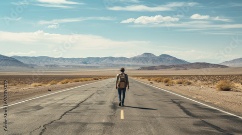 A person walking along an empty road in a desolate landscape with blue sky