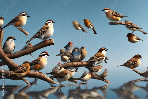 A lot of small funny birds sparrows sitting on a branch on the panoramic picture © MUmar