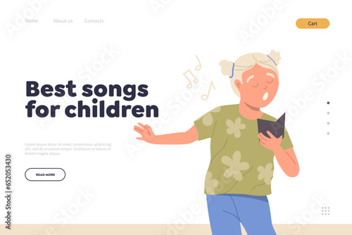 Best songs for children advertising landing page design website template with happy child singing