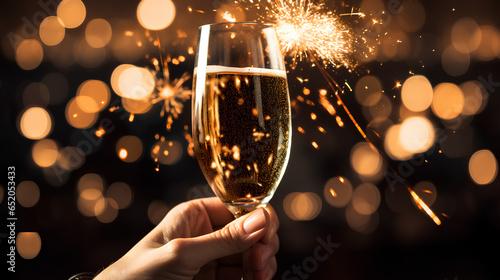 Christmas and new year with a glass of champagne and fireworks in the background. Bokeh light effect.