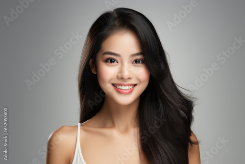 Woman with long black hair smiling directly at camera. Suitable for use in beauty  lifestyle  and portrait concepts.