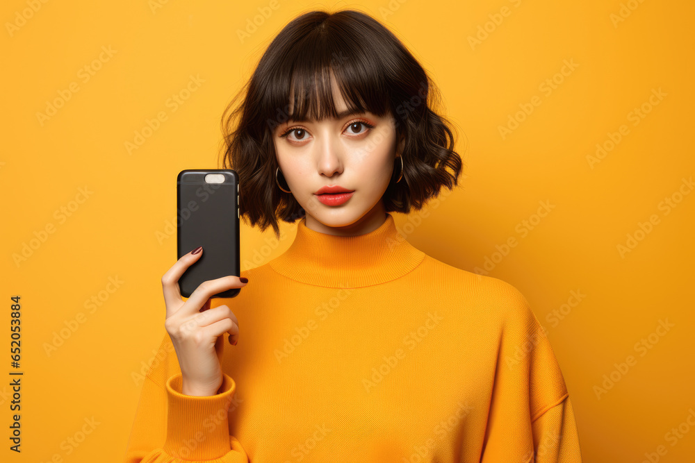 Woman holding cell phone up to her face. Perfect for illustrating communication, technology, or social media concepts. Woman holding cell phone up to her face. Perfect for illustrating communication, technology, or social media concepts.