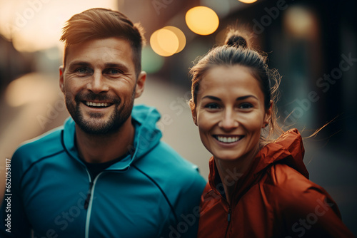 Happy active two people exercising in the city jogging in beautiful park generative AI image