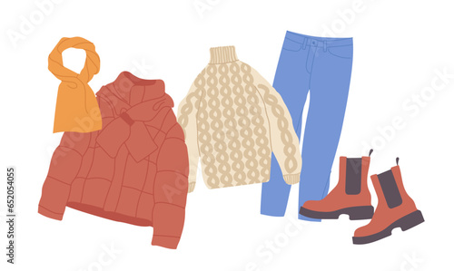 Cozy winter clothes for young people, modern trendy outfit kit of outwear for teenager students