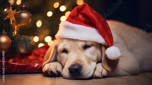 Cute dog with christmas hat lying down. Christmas background. Bokeh lights effect.