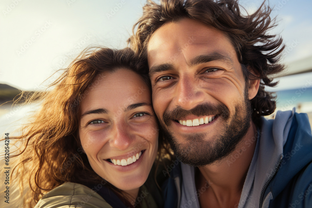 Young couple portrait two lovers spending time sunny country travelers Generative IA Young couple portrait two lovers spending time sunny country travelers Generative IA