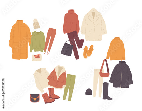 Warm woman clothes and accessories kit collection, stylish trendy looks variety for urban street