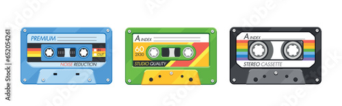 Vintage Audio Cassettes Collection In Blue  Green And Black Colors And Various Designs. Nostalgic Analog Tapes