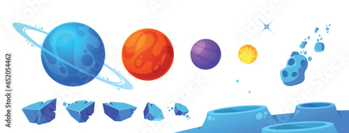 Cartoon Space Elements Isolated Set. Celestial Bodies, Stars, Planets, Rocks, Moon Surface With Craters, Meteorite