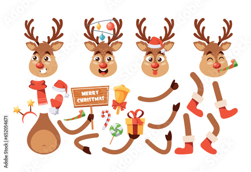 Christmas Deer Cartoon Character Constructor. Reindeer Body Parts, Bell, Gift, Sweets, Hat, Gloves and Scarf, Antlers