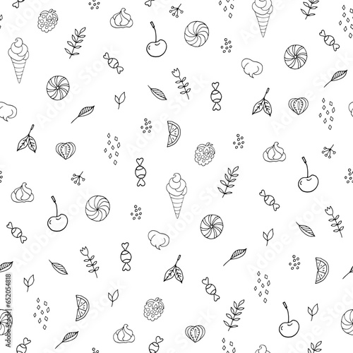 Handmade vector illustration for cafe design. Seamless pattern of glassware, cakes, sweets, ice-creams. Doodle style.