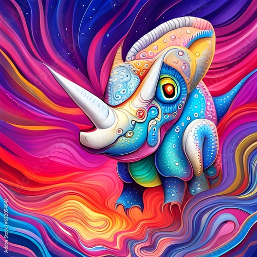 Triceratops baby dinosaur whimsical painting. Vibrant colors © Spiced Art Studio