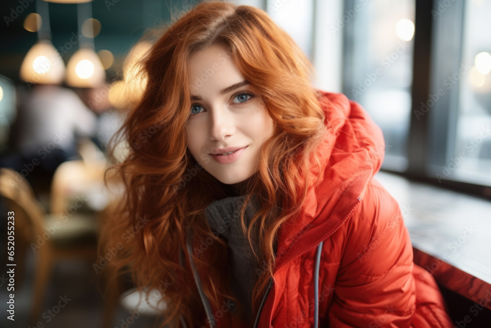 Woman with long red hair is wearing red jacket. This image can be used for various purposes.