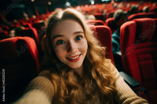 Generative AI picture of young pretty girl making selfies at cinema room seat © deagreez