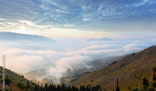 Fototapeta Naklejka Na Ścianę i Meble -  Morning cloudy summer mountain landscape ( Kefalonia, Greece). Panorama.