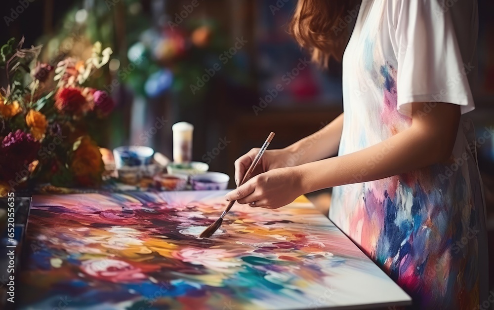 Fototapeta premium Closeup of painting process in art workplace Painter paints in her studio