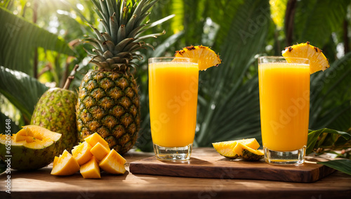 Glasses with fresh mango juice, pineapple