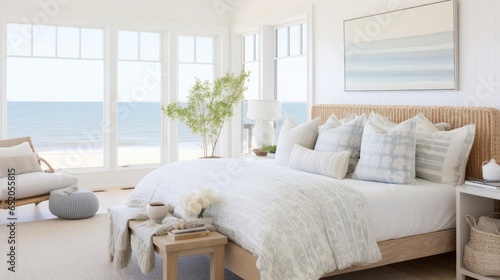 Cozy clean interior design with muted costal colors bedroom photo