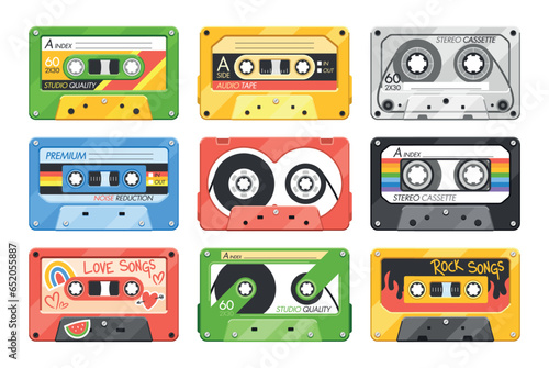 Audio Cassettes, Retro Tapes, Media Storage For Music And Sound Isolated On White Background, Illustration, Set