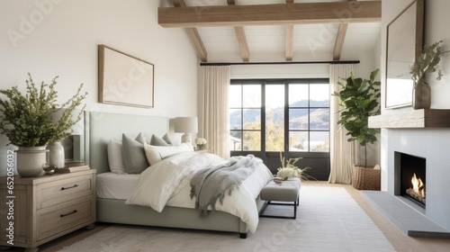 cozy modern primary master bedrooom with pale colors and wood accents