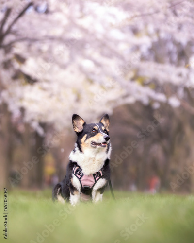 Photography Cute Pembroke Welsh Corgi in a park during Spring surrounded by cherry blossom t