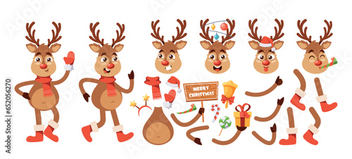 Christmas Deer Cartoon Character Constructor. Reindeer Body Parts, Sweets, Santa Hat, Gloves And Scarf, Vector