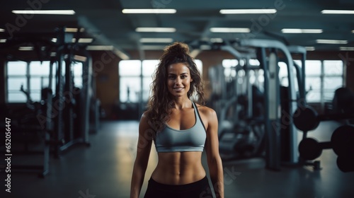 Athletic smiling woman in the gym. Healthy lifestyle, playing sports.
