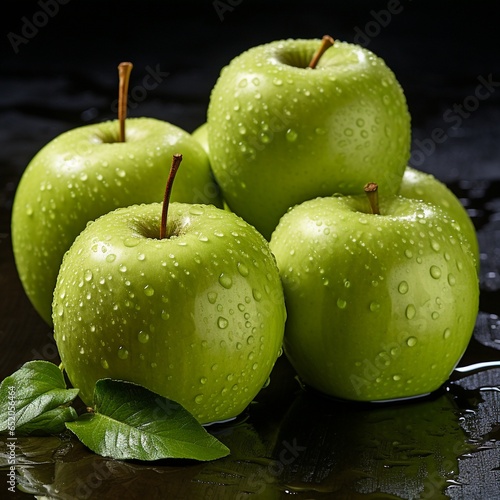 fresh, green Apples on dark Background, ai generated