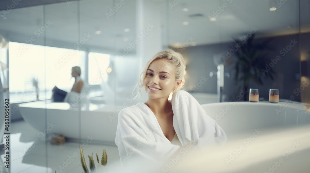 Authentic photo of a woman in a spa salon, lying relaxed and enjoying, in a white robe and a white towel. - obrazy, fototapety, plakaty 