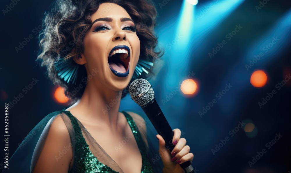 A young beautiful singer sings emotionally into a microphone. A young beautiful singer sings emotionally into a microphone.
