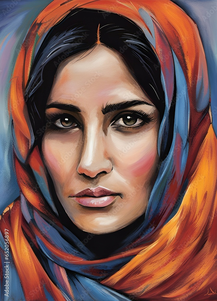 Vibrant and expressionistic portrait painting of a beautiful Afghan woman.