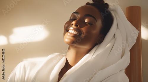 Authentic photo of a woman in a spa salon, lying relaxed and enjoying, in a white robe and a white towel.