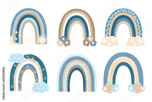 Baby boho rainbow. Cute vector illustration of moon stars sun in pastel colors. For children's poster design. 