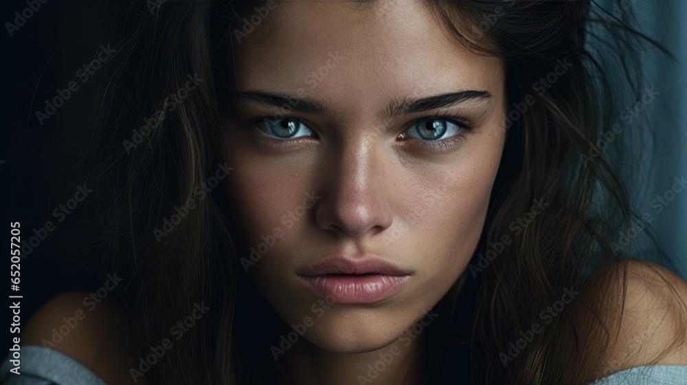 Close-up portrait of a young woman with a sad expression. Sadness and depression concept. Close-up portrait of a young woman with a sad expression. Sadness and depression concept.