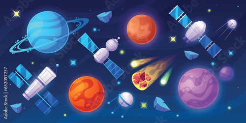 Cosmic Game Set Of The Space Objects For Interstellar Fun. Explore The Universe With Planets, Stars, Satellites