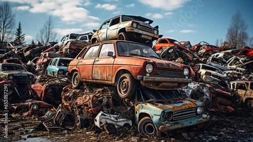 car graveyard, recycling center, auto recycling, ai generated photo