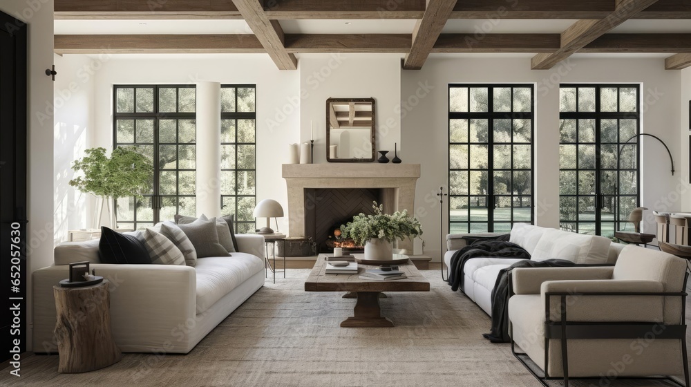 Fototapeta premium Luxury farmhouse decor with rich black accents living room