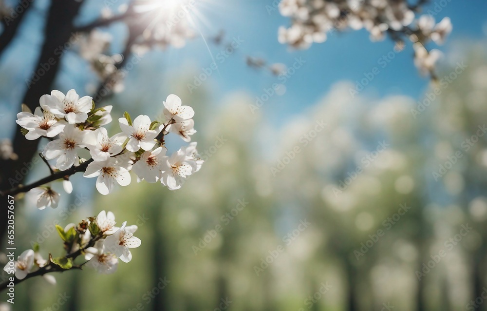 Beautiful blurred spring background with blooming glade, trees, and blue sky on a sunny day in nature Beautiful blurred spring background with blooming glade, trees, and blue sky on a sunny day in nature