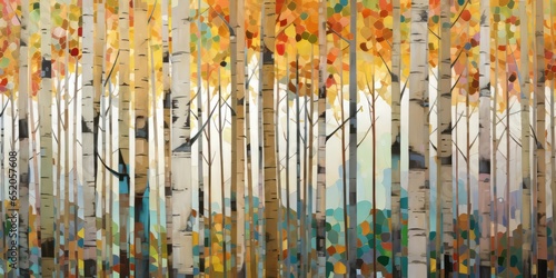 Abstract colorful geometric illustration of birch trees, birch tree forest, horizontal or landscape aspect ratio. Generative AI.
