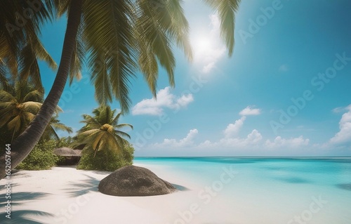Beautiful natural tropical landscape  beach with white sand and Palm trees next to calm ocean