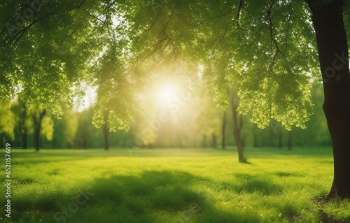 Beautiful spring background. Natural park landscape with a green lawn and trees