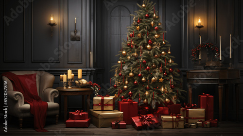 Magische Weihnachtsstimmung  Ein funkelnder Weihnachtsbaum umgeben von pr  chtig verpackten Geschenken und warmem Kerzenschein. Eine festliche Szene  die die Besinnlichkeit und Freude der Feiertage ein