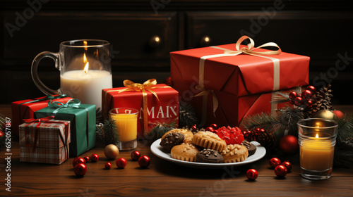Zauberhafte Weihnachtsmomente  Strahlende Kerzen erhellen ein Bild von perfekt verpackten Weihnachtsgeschenken  eingeh  llt in die warme Atmosph  re der Feiertage. Besinnliche und festliche Stimmung 