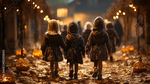 Children from the back walk along the path in costumes on Halloween. Path with pumpkin decoration. kids walk in autumn